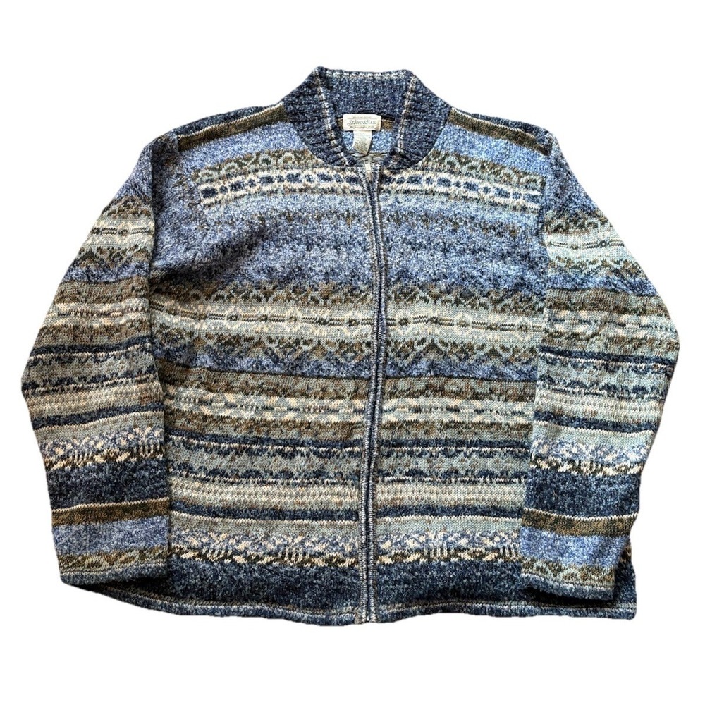 St John's Bay Cardigan Sweater Womens XL Blue Aztec Zip Front